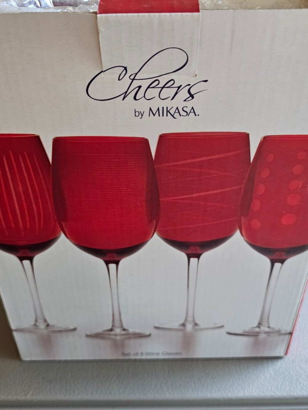 Mikasa Cheers Ruby Red Wine Glasses Set of 4 Etched Crystalline Stemware 5072026